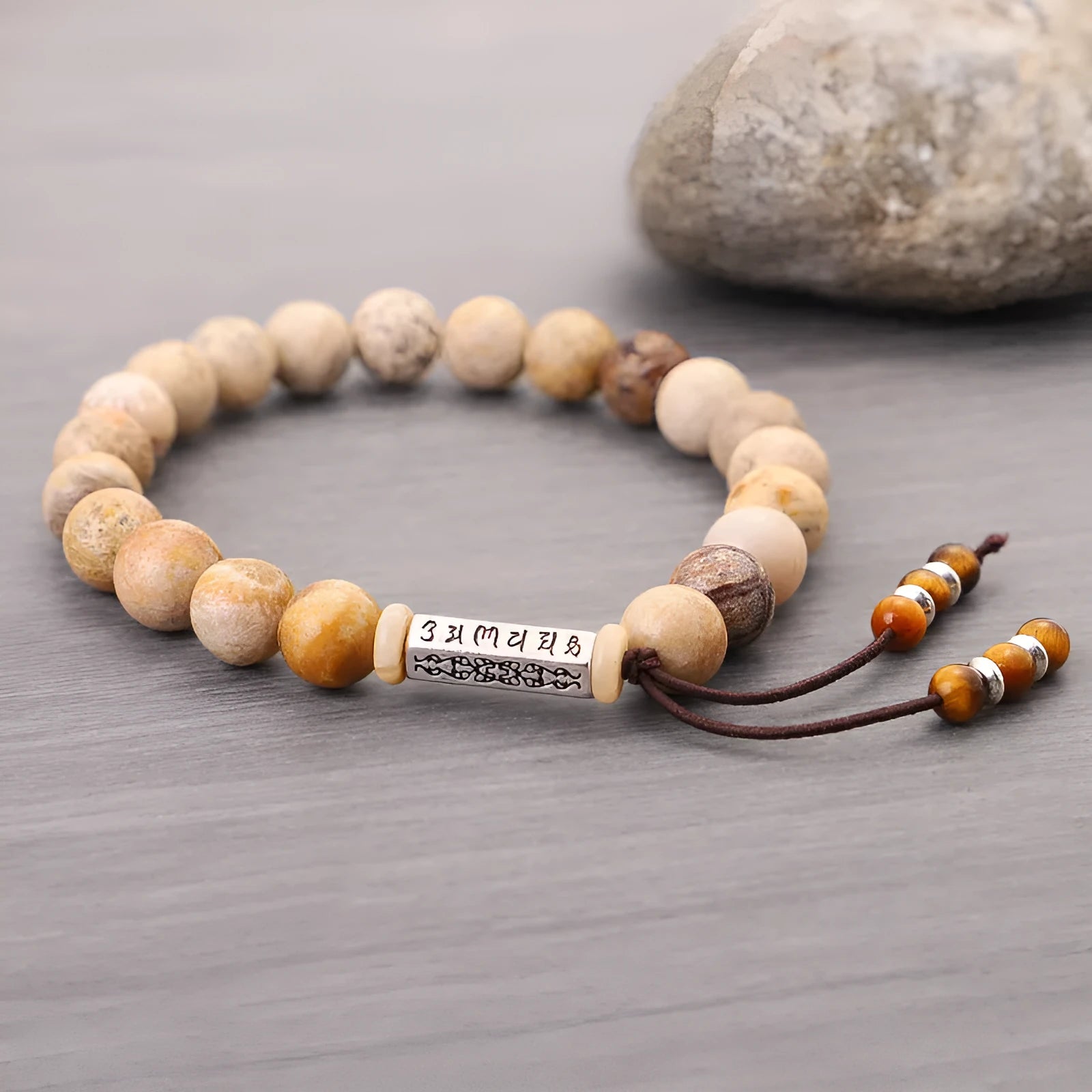 Wood colour handmade stone bead bracelet with European and American retro style original design