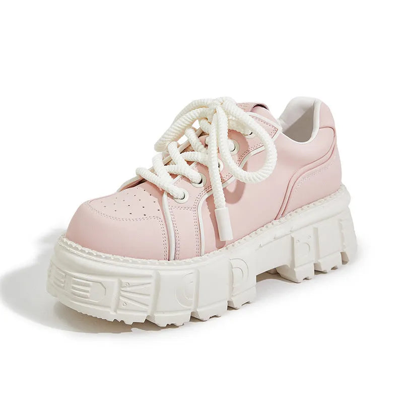 Beige and pink spring casual leather shoes with muffin-bottom soles for height increase