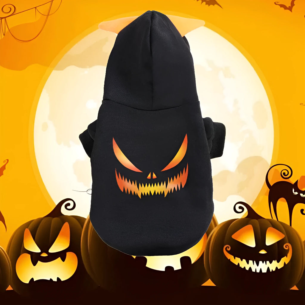 Black flannel Halloween pumpkin dog sweater with yellow jack-o-lantern face on pet