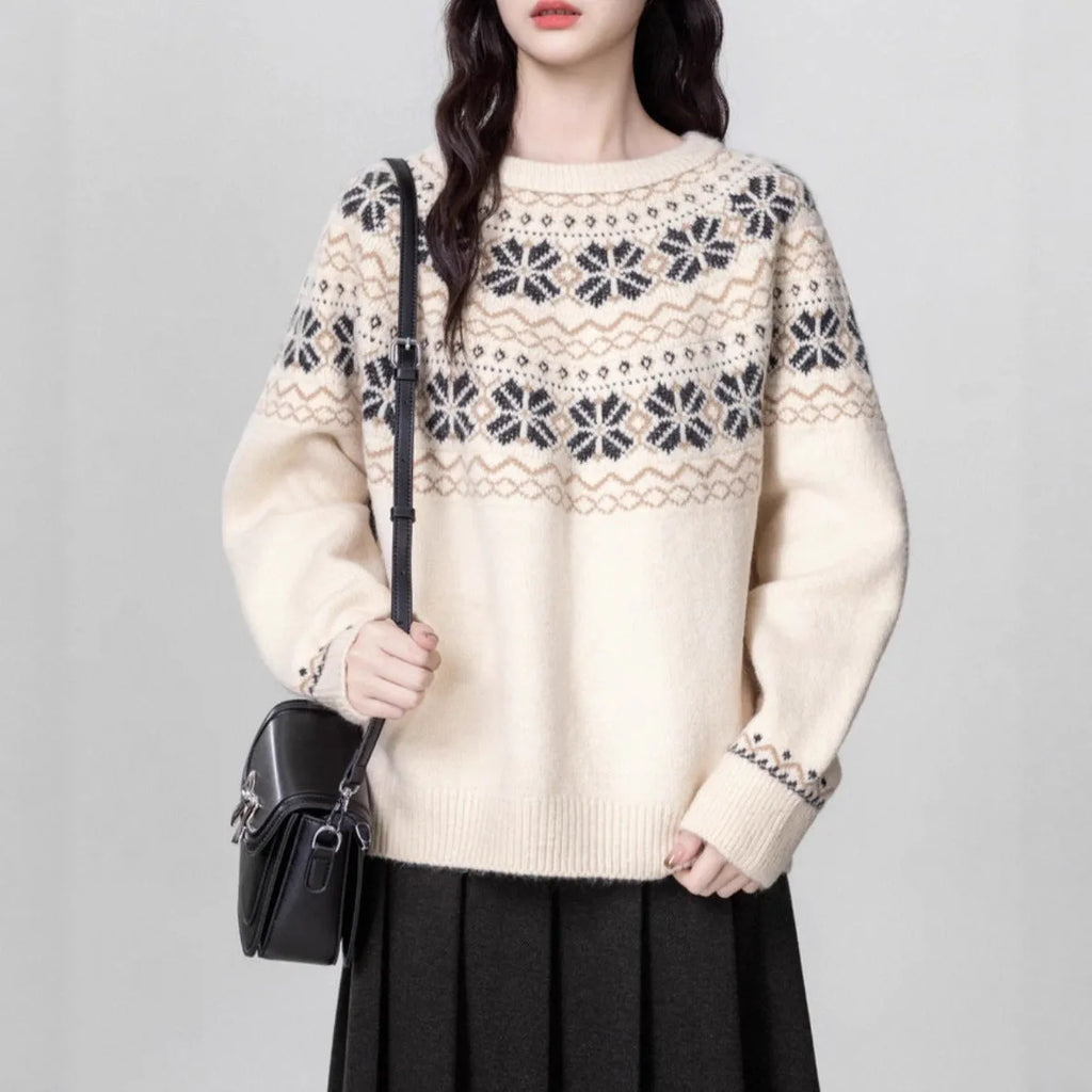 Women's milky white fair isle pullover sweater with geometric pattern, crew neck and long sleeves