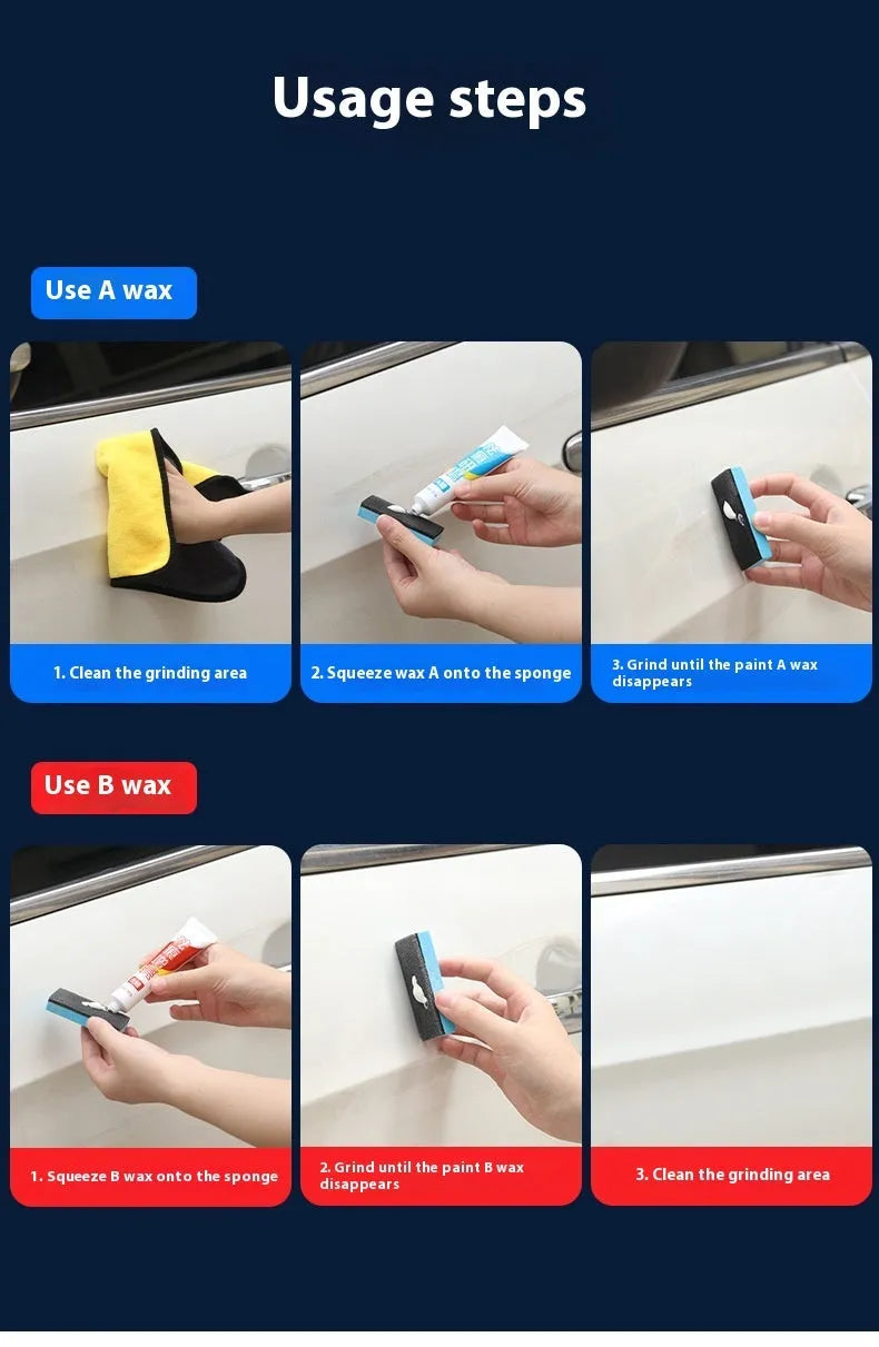 Car scratch repair wax kit containing A and B wax tubes with sponge applicator for paint polishing