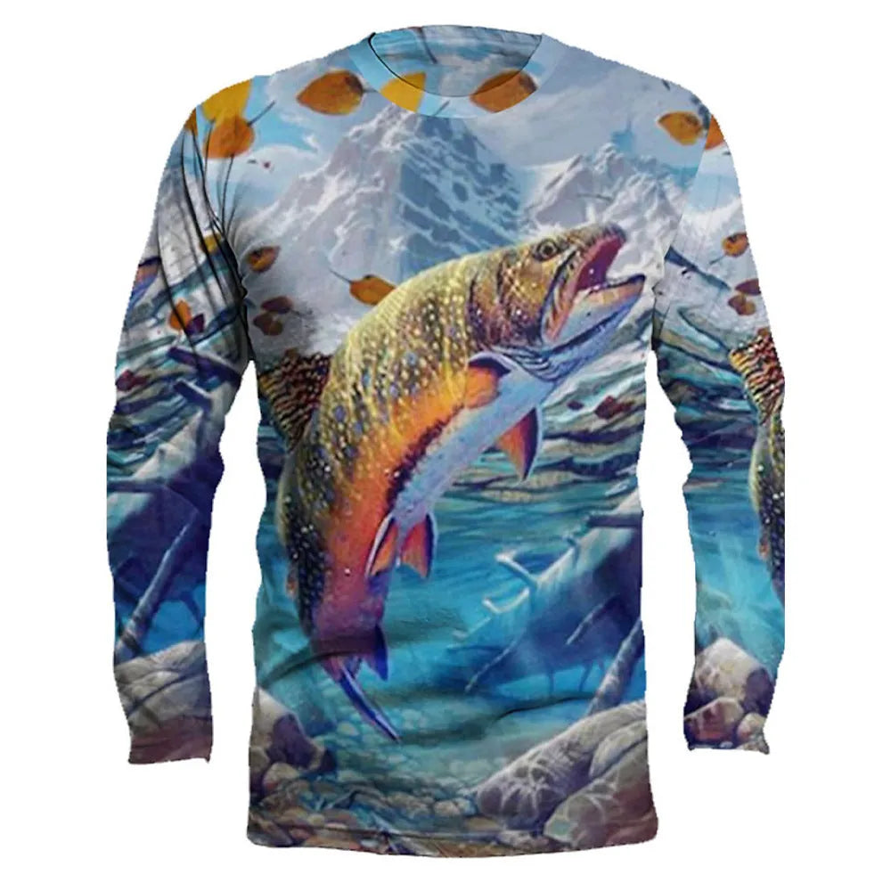 Men's grey round neck pullover with a colourful fish print design on the front, long sleeves.