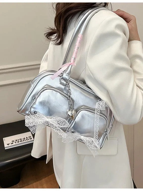 Beige PU casual shoulder bag with horizontal square shape and double shoulder straps