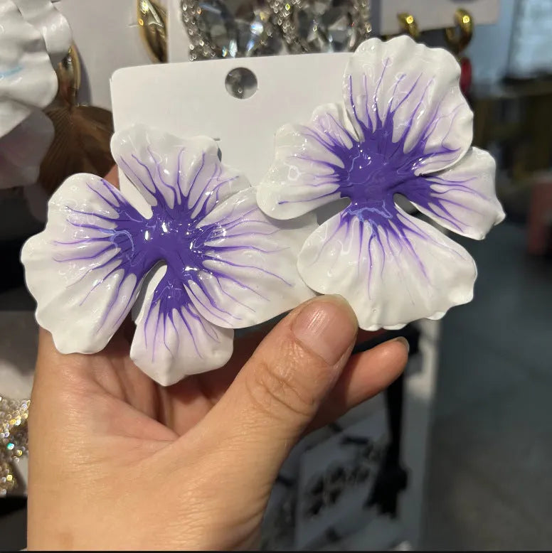 Alloy flower stud earrings with oil-spot glaze finish in European pastoral style