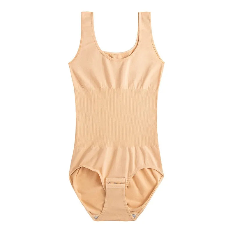 Seamless women's bodysuit shapewear in apricot colour on a hanger, showing its one-piece design.