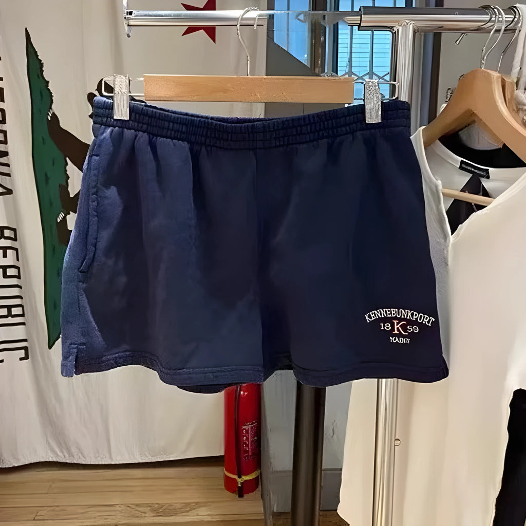 Women's dark blue cotton high-top shorts with white flag embroidery detail