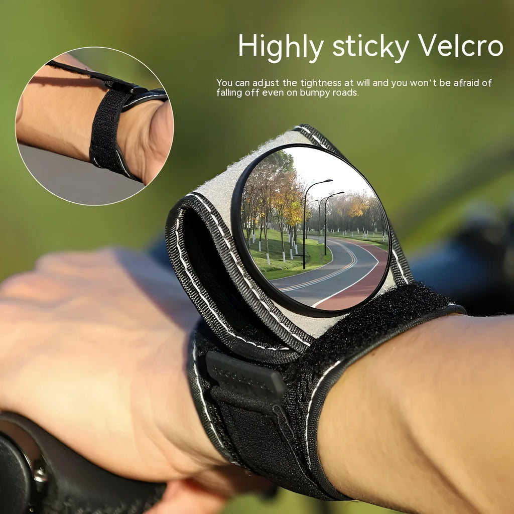 Black nylon bicycle wrist-mounted rear-view mirror for cycling safety.