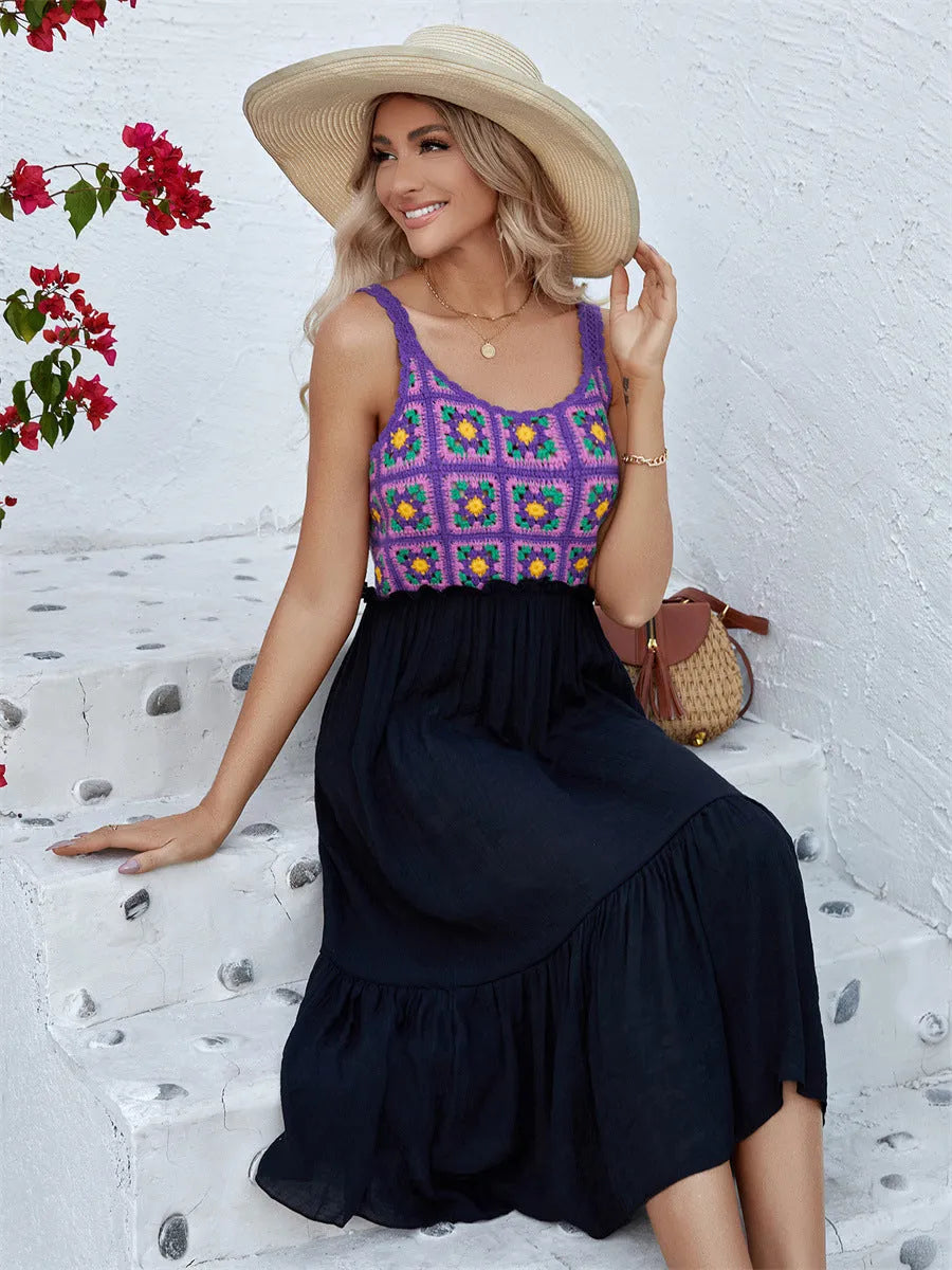 Purple women's sleeveless dress with detailed floral embroidery stitching on the front.