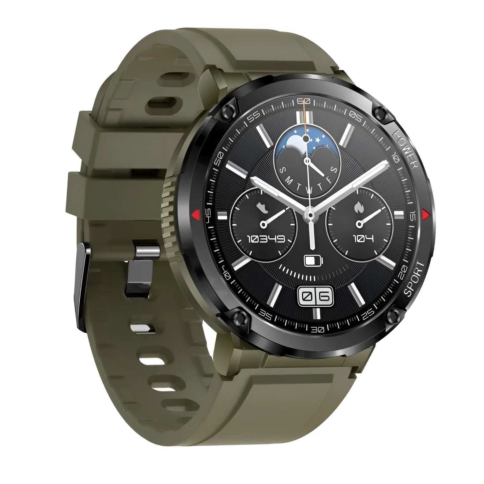 T30 Smart Watch in black on wrist showing touch screen with health metrics.