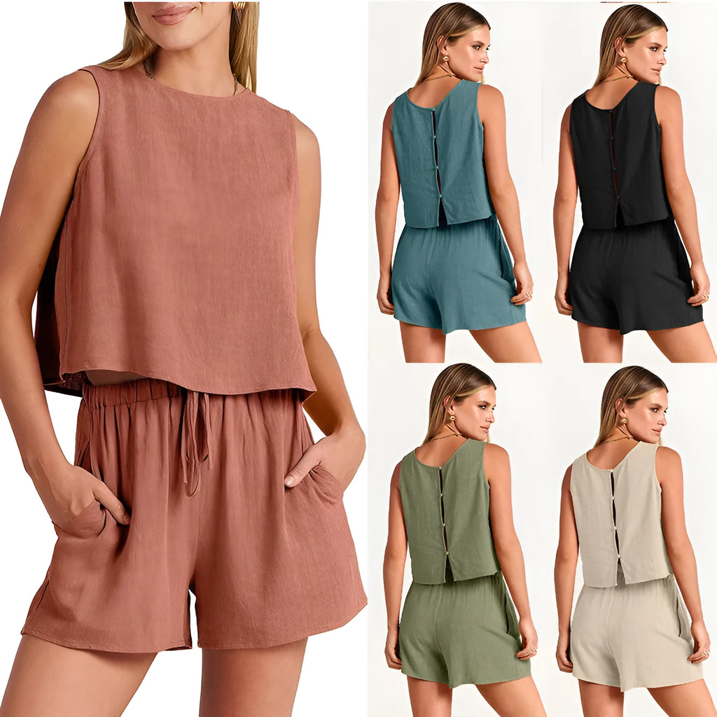 Women's summer two-piece set showing sleeveless rayon linen top with matching drawstring shorts