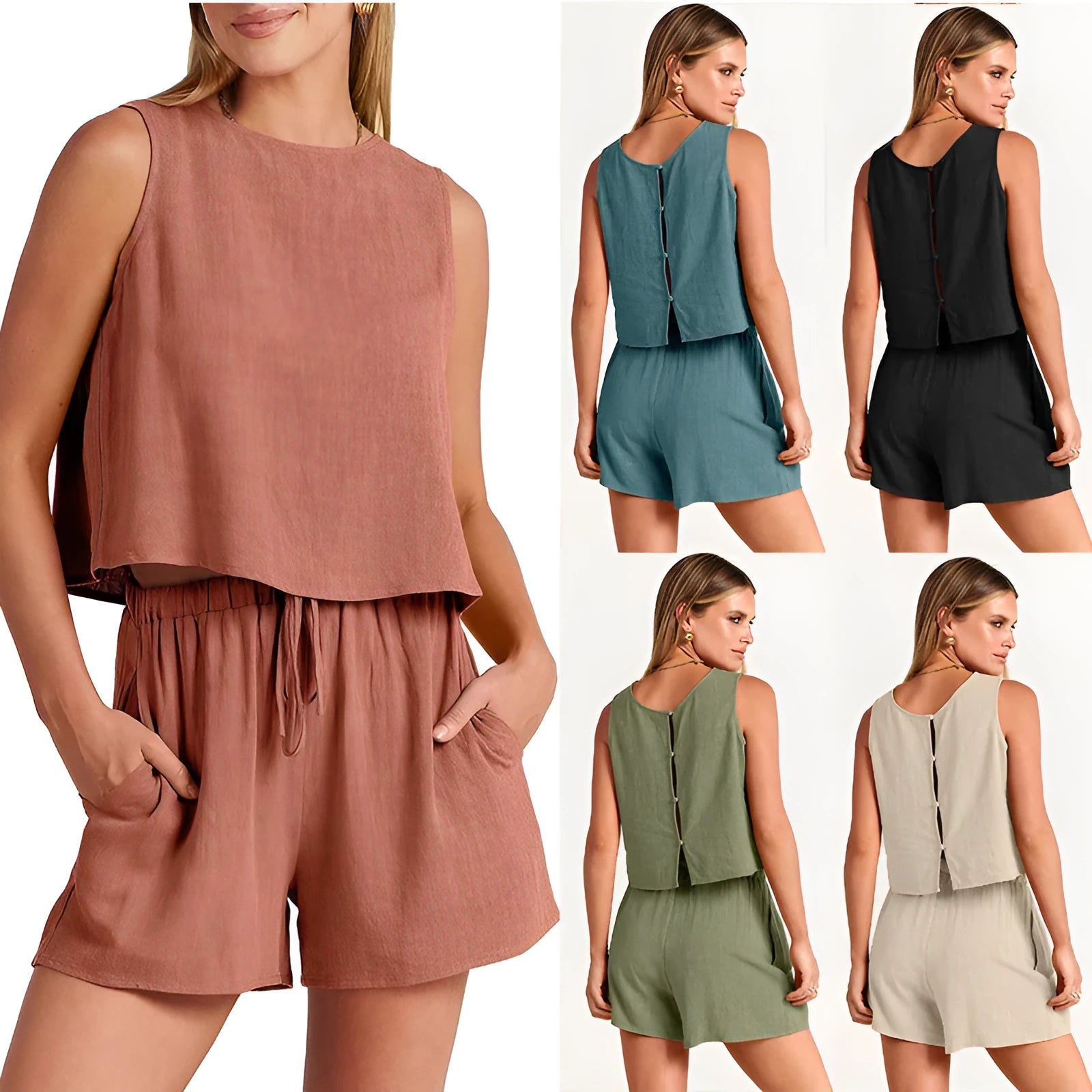 Women's summer two-piece set showing sleeveless rayon linen top with matching drawstring shorts