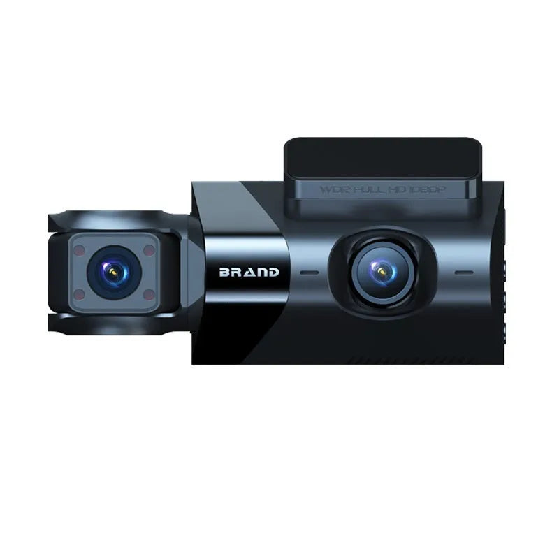 Black car dashboard camera with 5-inch screen, GPS, and mobile phone Wi-Fi interconnection.