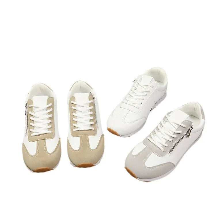 Women's flat-heeled shoes in champagne, grey, and white colours with synthetic PU upper and rubber sole