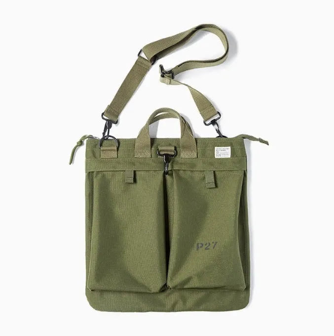 Medium retro canvas crossbody shoulder bag in military green with 15-inch laptop capacity