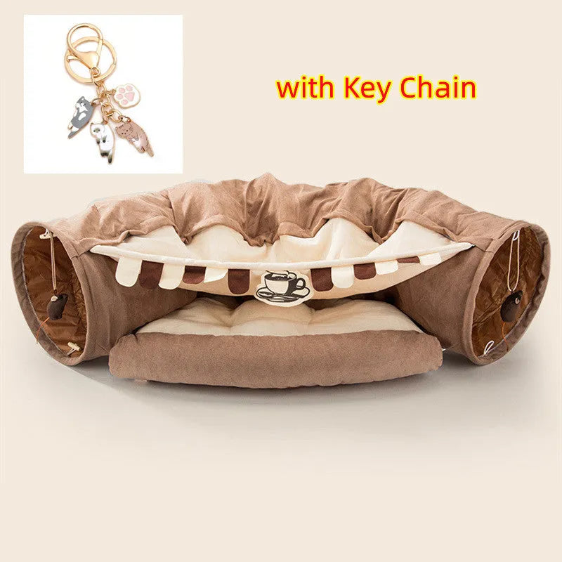 Collapsible cloth cat tunnel in four colour options showing 45cm by 50cm dimensions