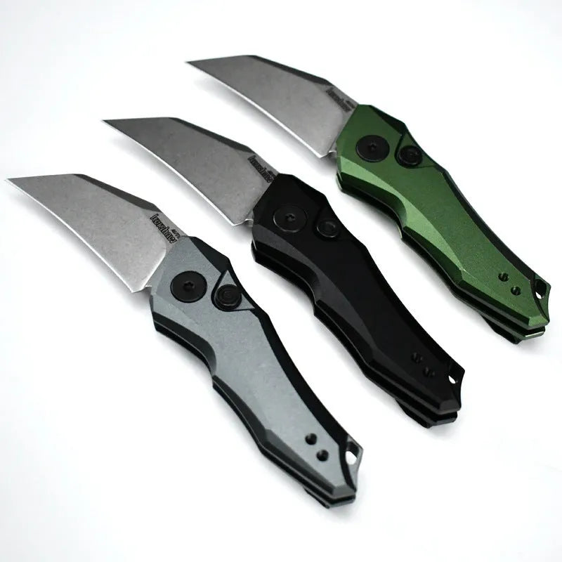 Outdoor folding pocket knife with metal construction showing black, grey, and green colour options