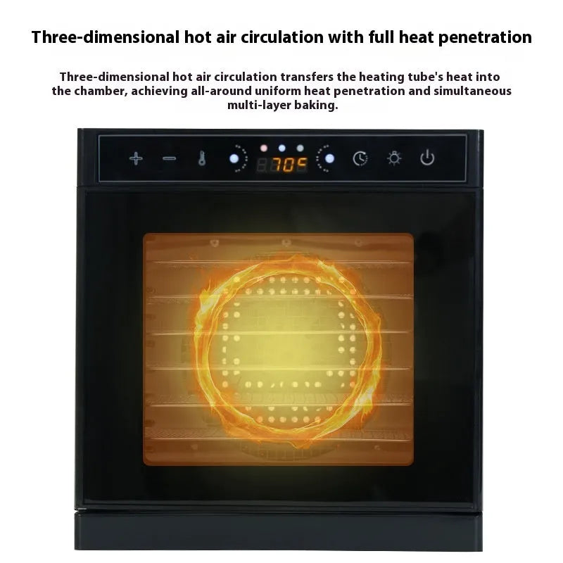Stainless steel fruit dehydrator appliance with visual skylight top and multiple drying trays.