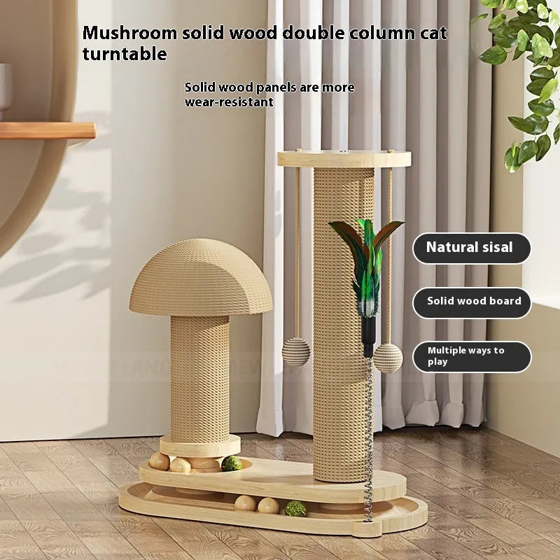 Solid wood cat turntable scratching post with natural wood scratching surface and multiple design variants