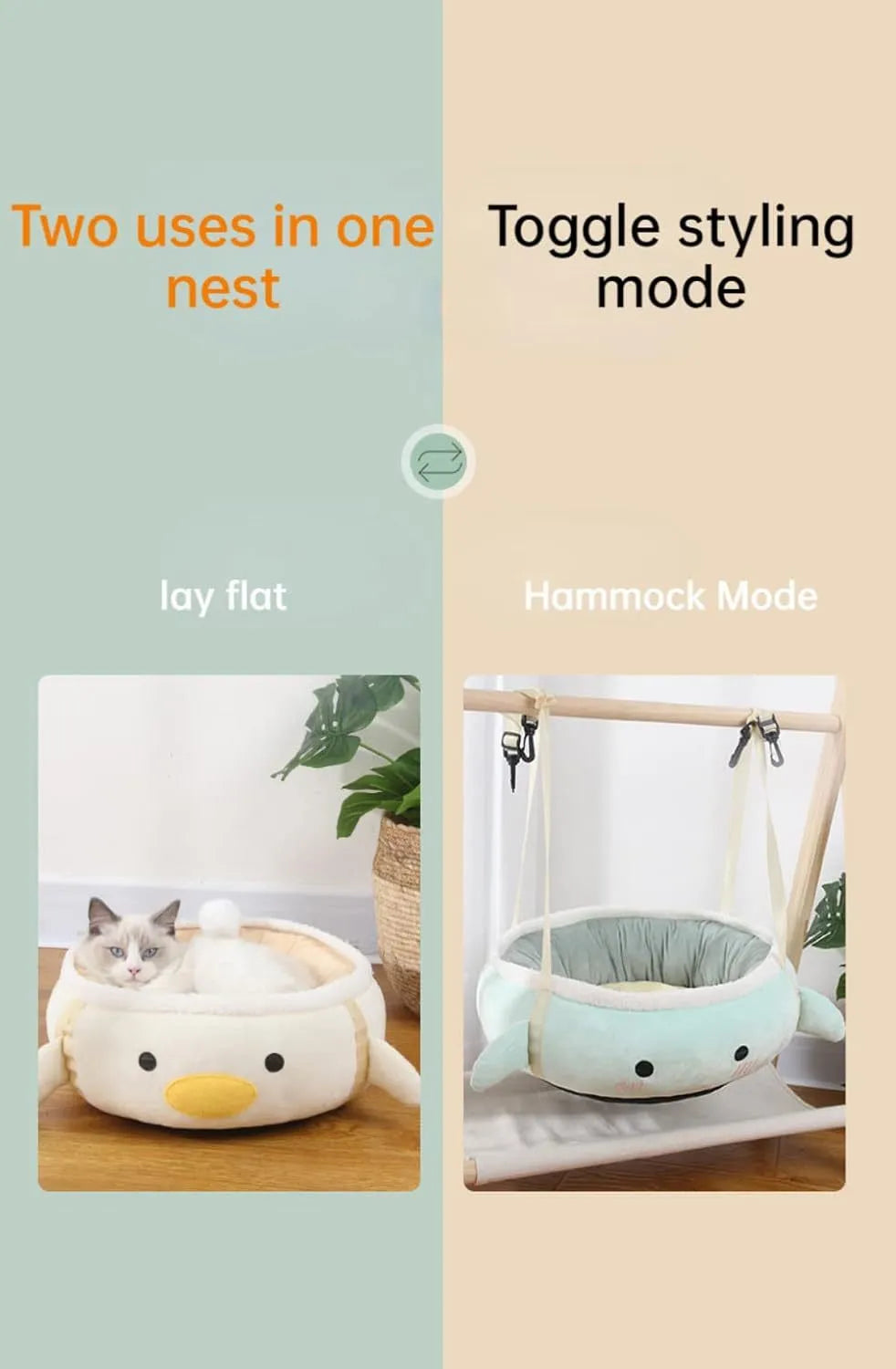 Green dinosaur-shaped cat bed shown both hanging as a hammock and laying flat as a sofa for small pets.