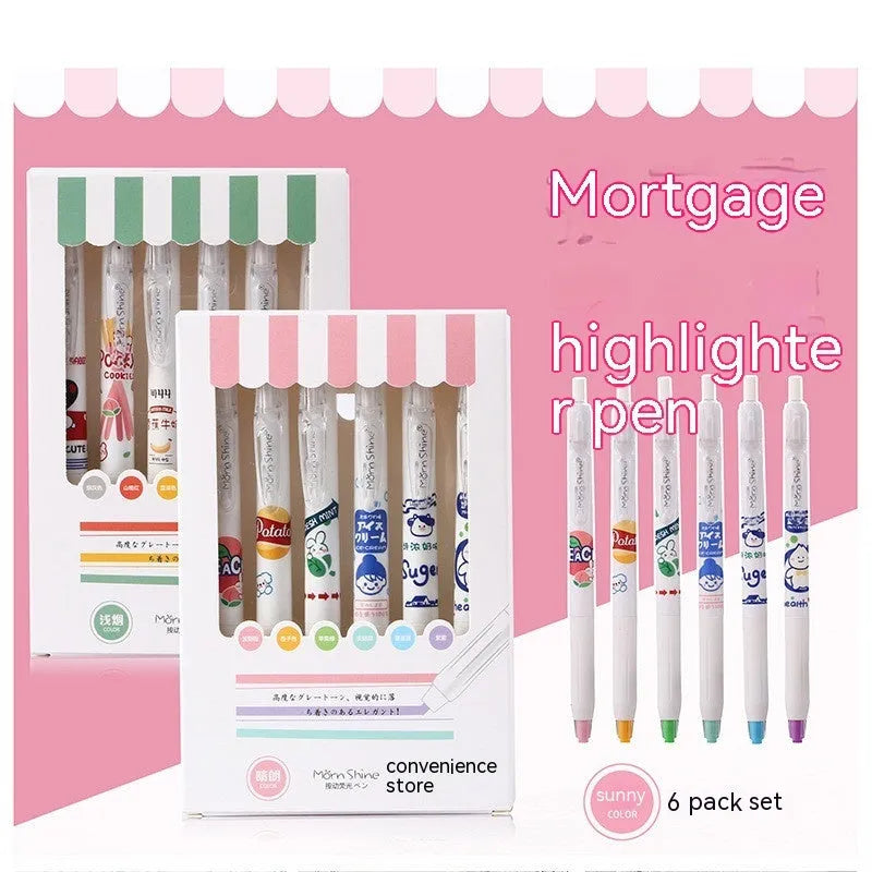Fluorescent pen snacks 6 pack highlighter set with oblique head in plastic shell boxed packing