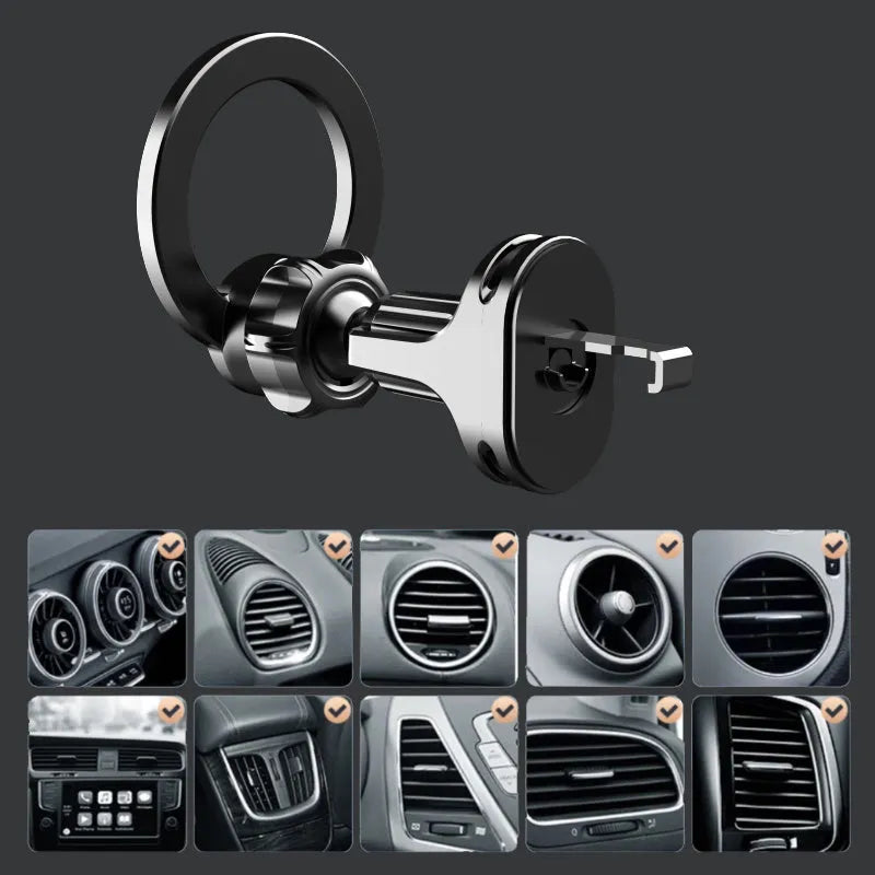 Black magnetic car phone holder attached to vehicle air vent