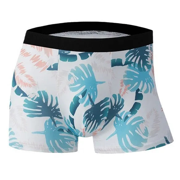 Men's ice silk polyester boxer shorts with printed pattern showing mid waist design