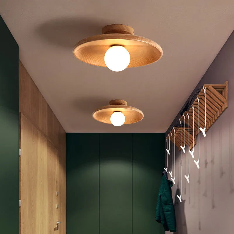 Solid wood and glass minimalist aisle ceiling lamp in wood or walnut colour.