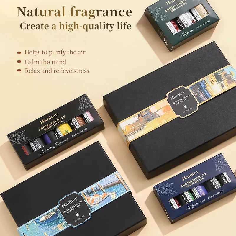 Water soluble aromatherapy essential oil gift box sets showing multiple bottle combinations