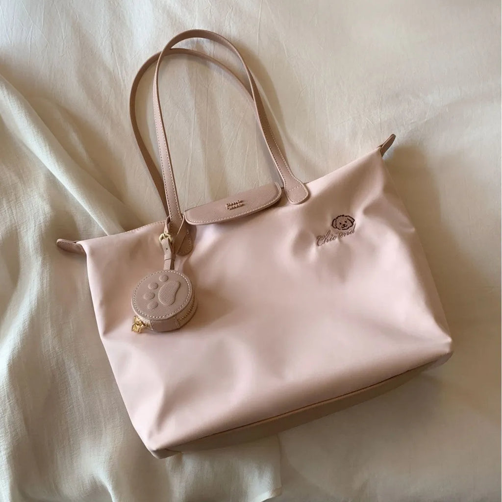 Beige Oxford cloth tote shoulder bag with sandwich pocket and mobile phone compartment