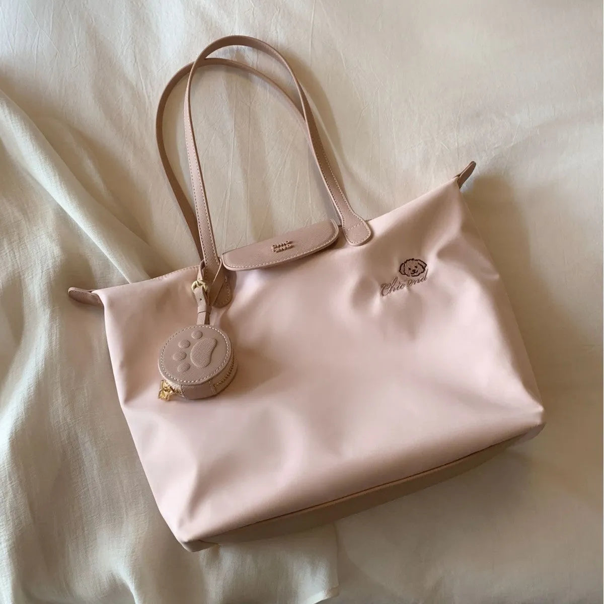 Beige Oxford cloth tote shoulder bag with sandwich pocket and mobile phone compartment