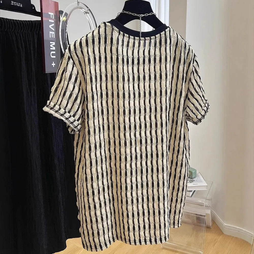 Men's black striped casual shirt with short sleeves and loose fit