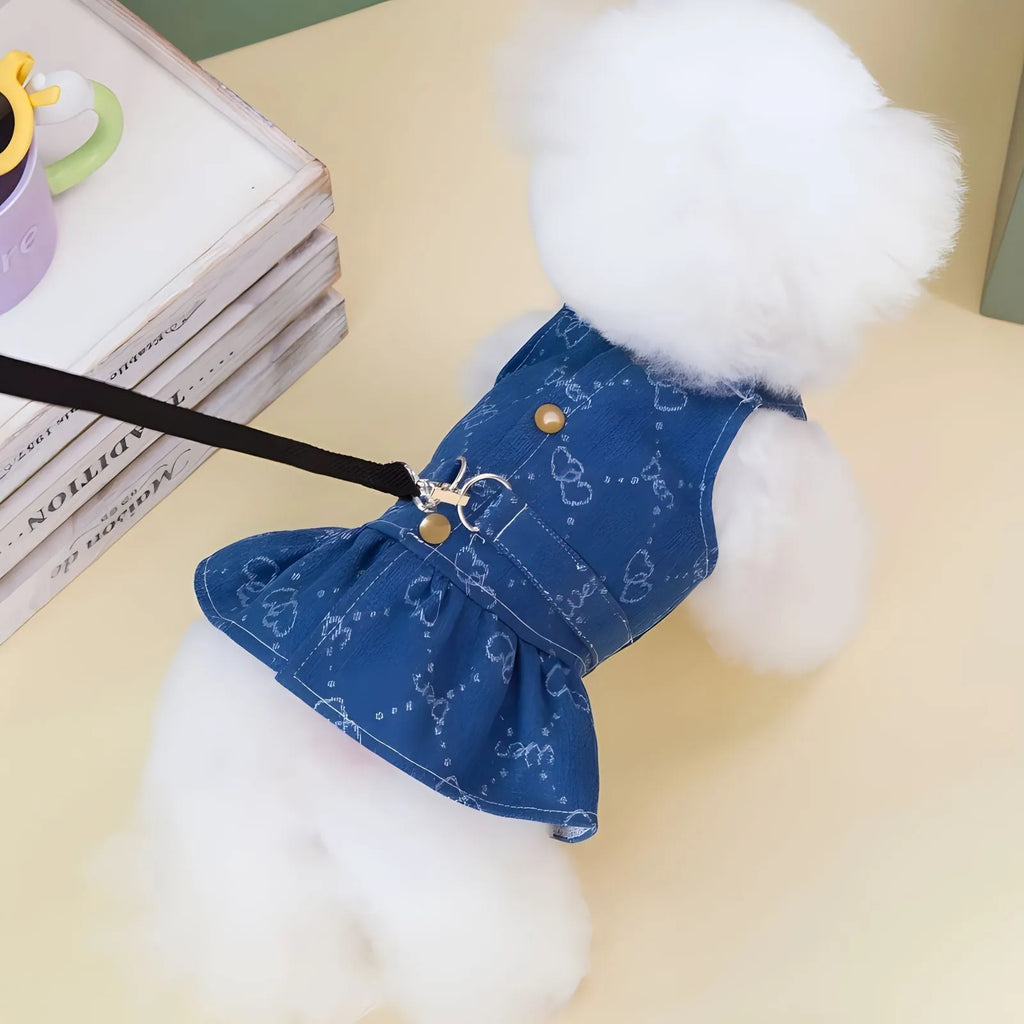 Small dog wearing HNXD denim bracket-skirt dress in one of five available sizes