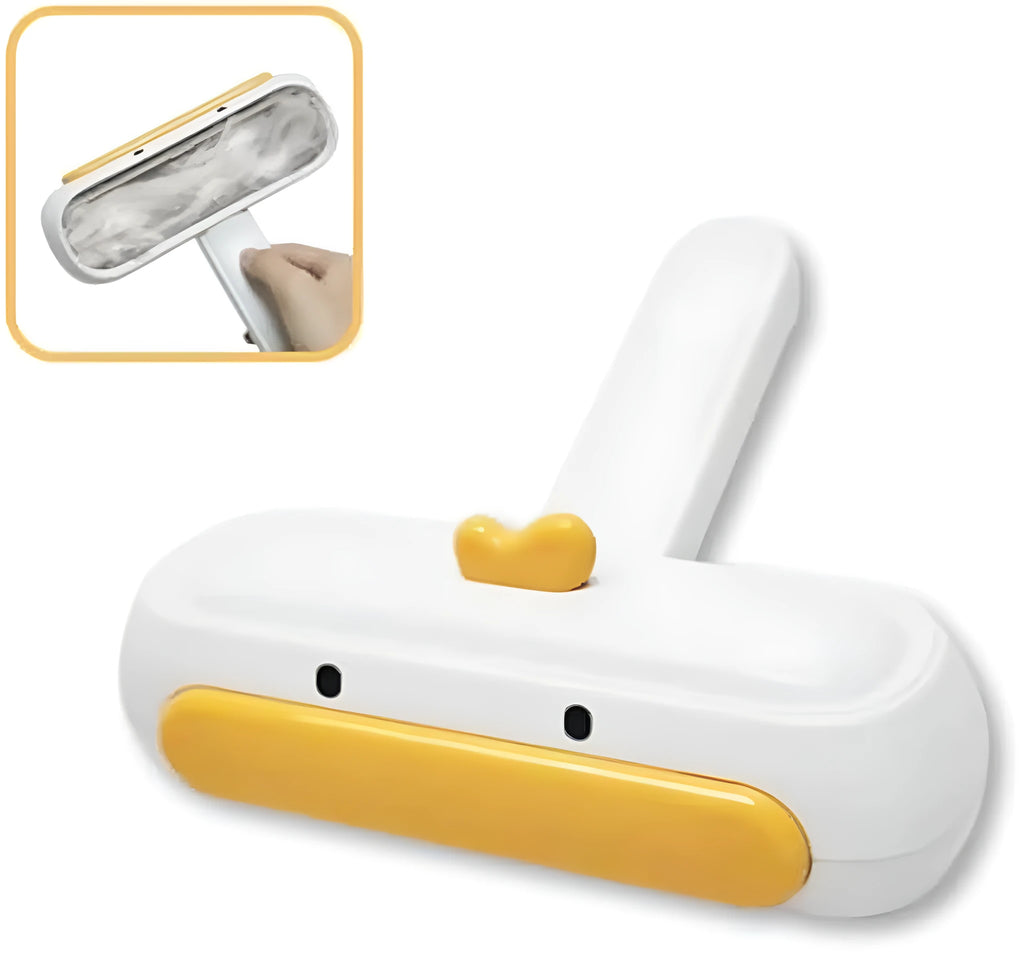 White portable reusable pet hair removal roller with cartoon duck design and dense bristles.