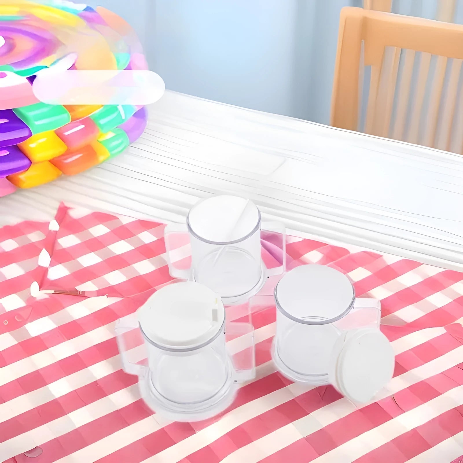 Transparent plastic drinking cup with a lid on a solid background.