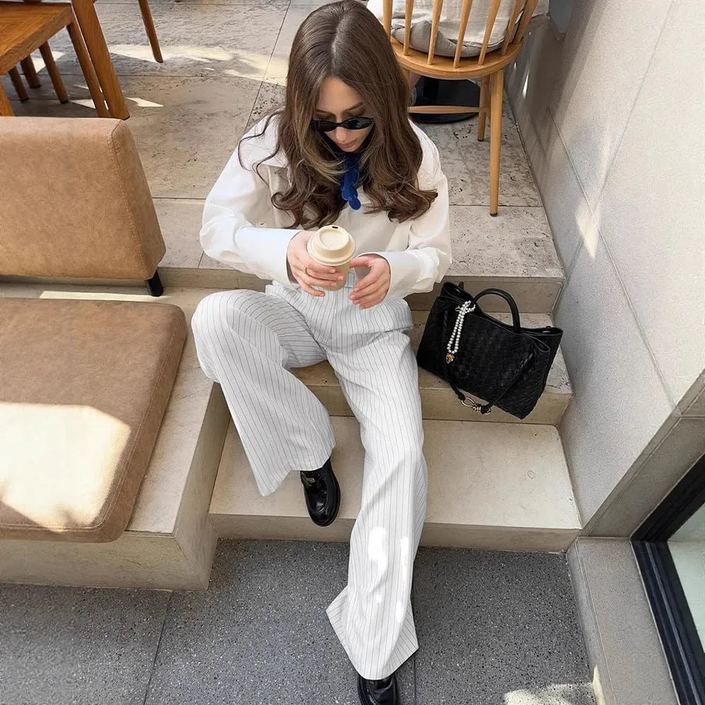 Women's white striped wide-leg loose fit trousers with front zip for commuting office wear