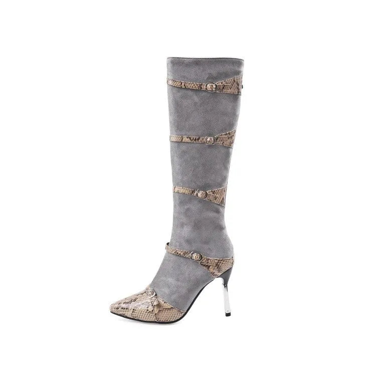 Women's black knee-high boots with thin 9cm heels and 33cm shaft height