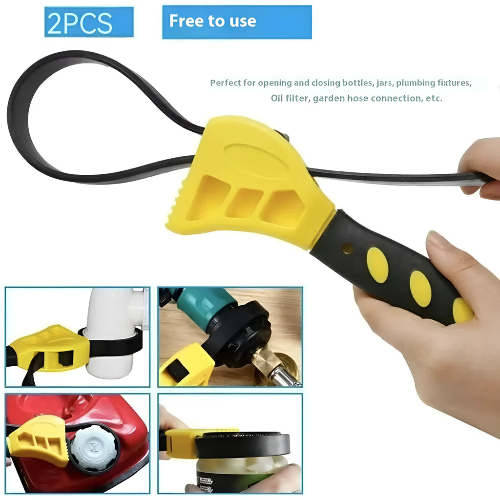 6-inch and 8-inch adjustable rubber strap wrench with plastic handle on a white background.