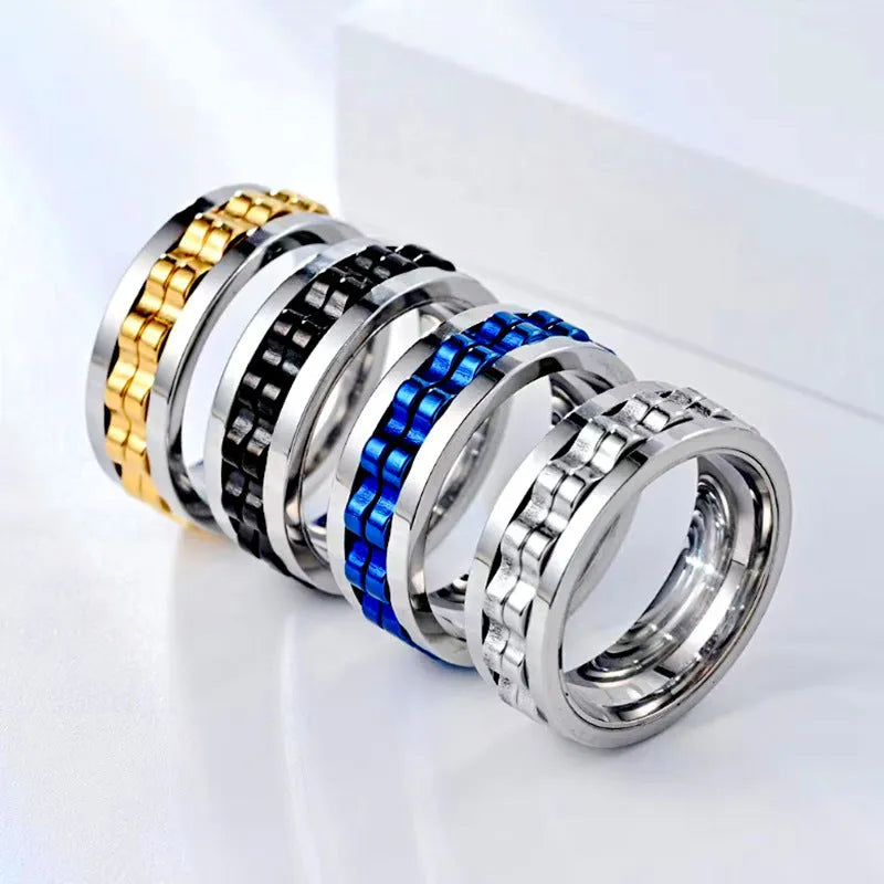 Titanium spinner square texture ring with rotating gear band, high polished finish, black colour option