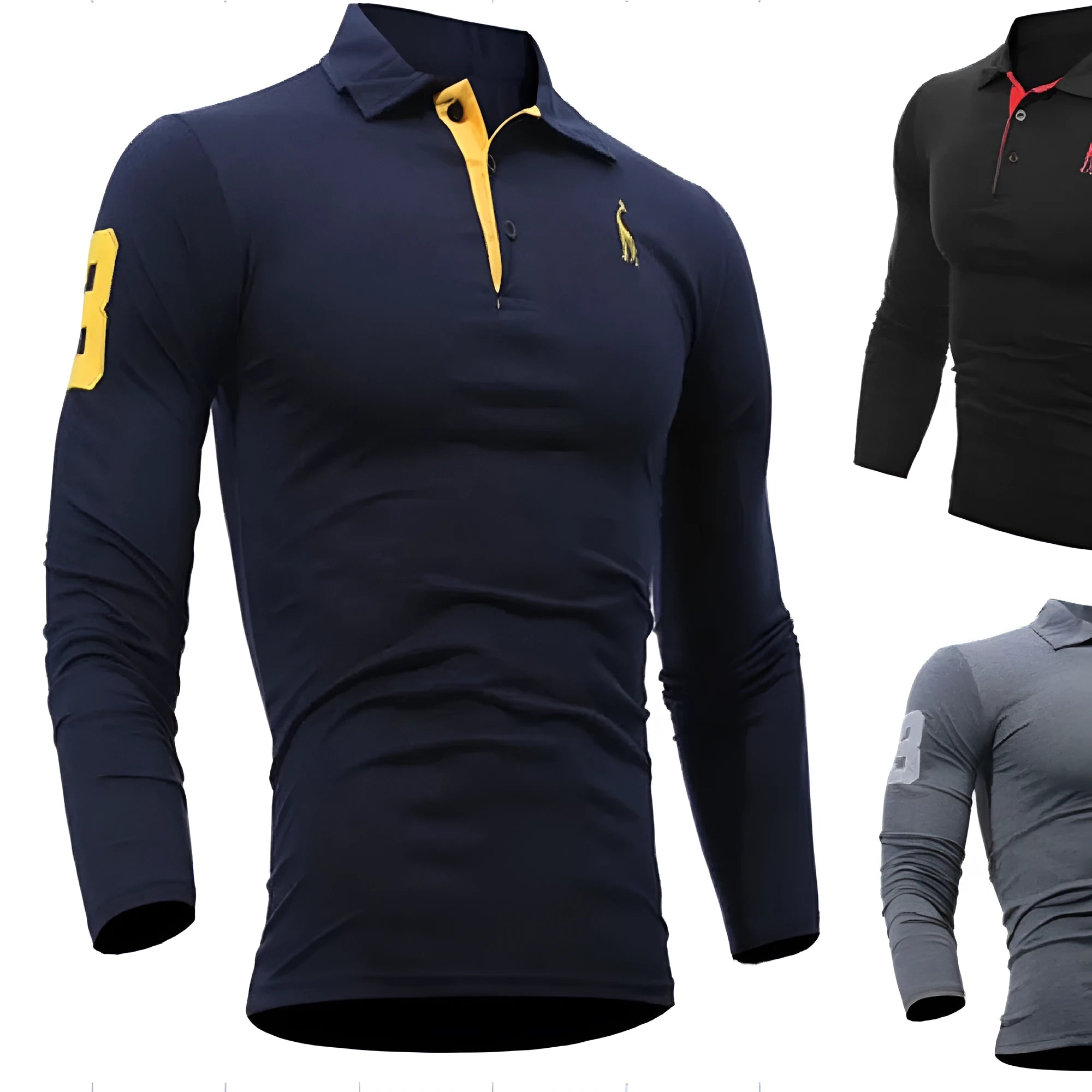 Men's long sleeve polo shirt in dark blue with embroidered deer and digital print, loose fit