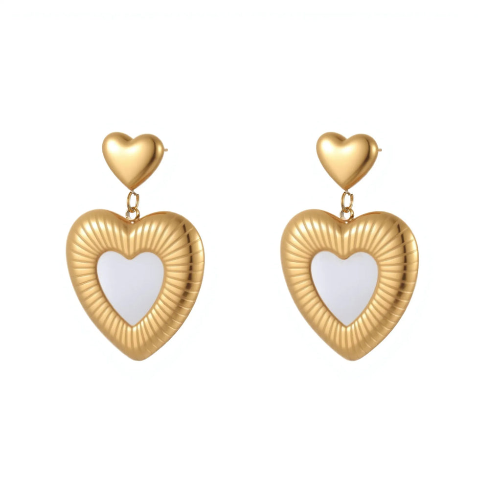 Gold-plated heart-shaped fritillary earrings with stainless steel construction and electroplated finish