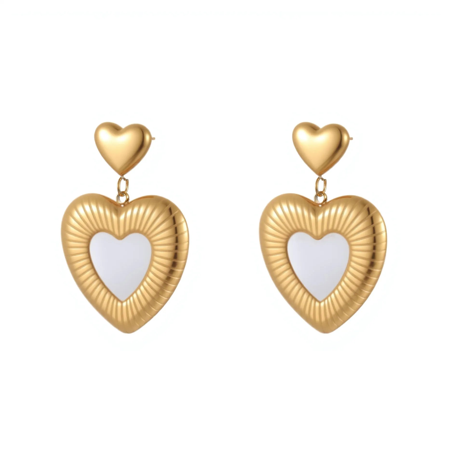 Gold-plated heart-shaped fritillary earrings with stainless steel construction and electroplated finish