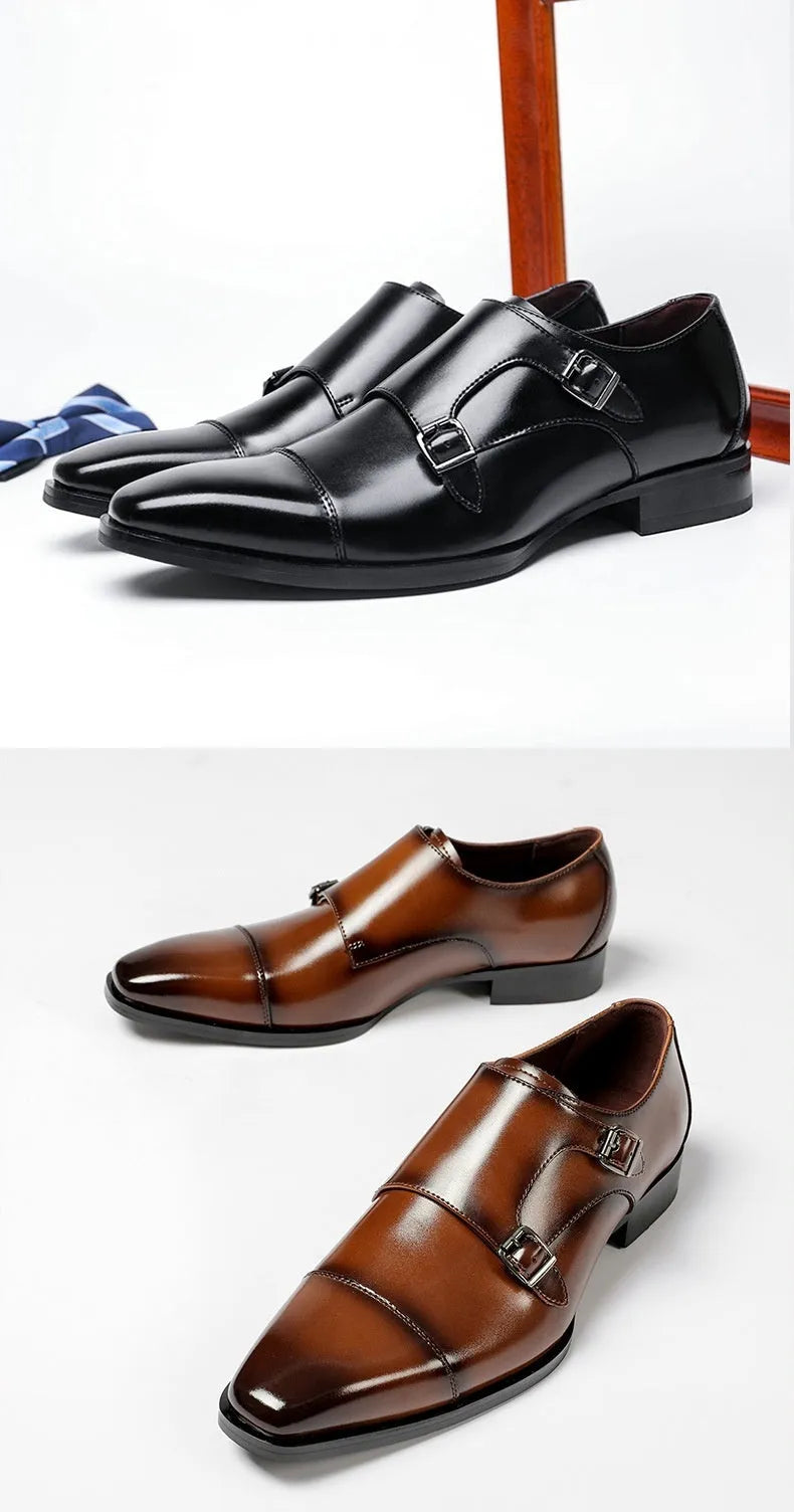 Men's black and light brown leather business shoes with square toe and rubber sole