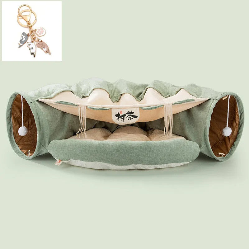 Collapsible cloth cat tunnel in four colour options showing 45cm by 50cm dimensions