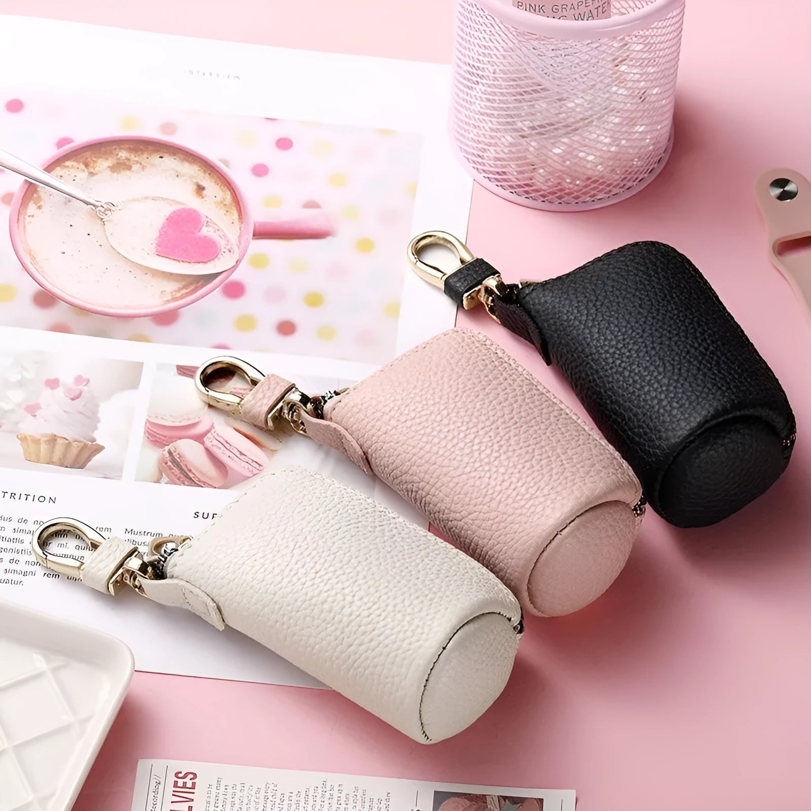 Men's black PU leather zipper key case with key ring attached