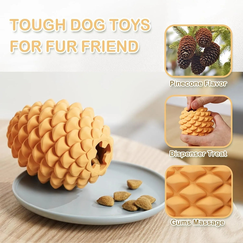 Yellow pine cone-shaped natural rubber dog toy with treat dispenser hole.