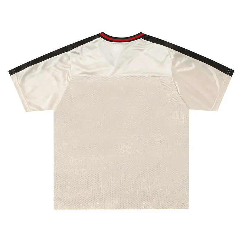 Apricot sports V-neck jersey with letter patterns and drop-shoulder sleeves