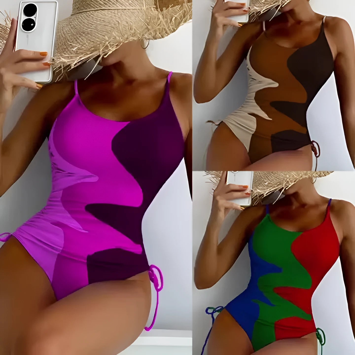 Women's blue sleeveless backless one-piece swimsuit on hanger