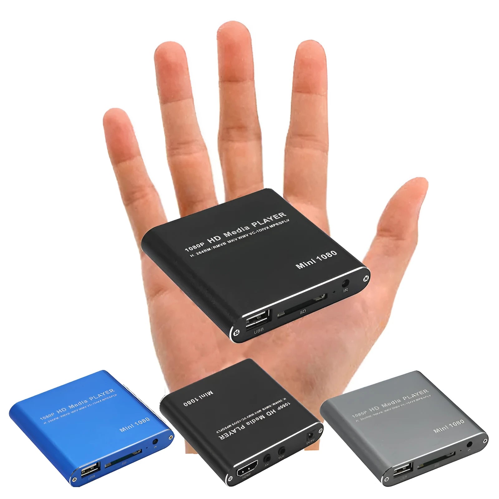 Compact black 1080p Full HD media player with HDMI, SD card, and USB ports on a white background.