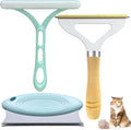 Green 3-piece pet hair remover set with metal lint shaver, silicone brush, and round carpet scraper.