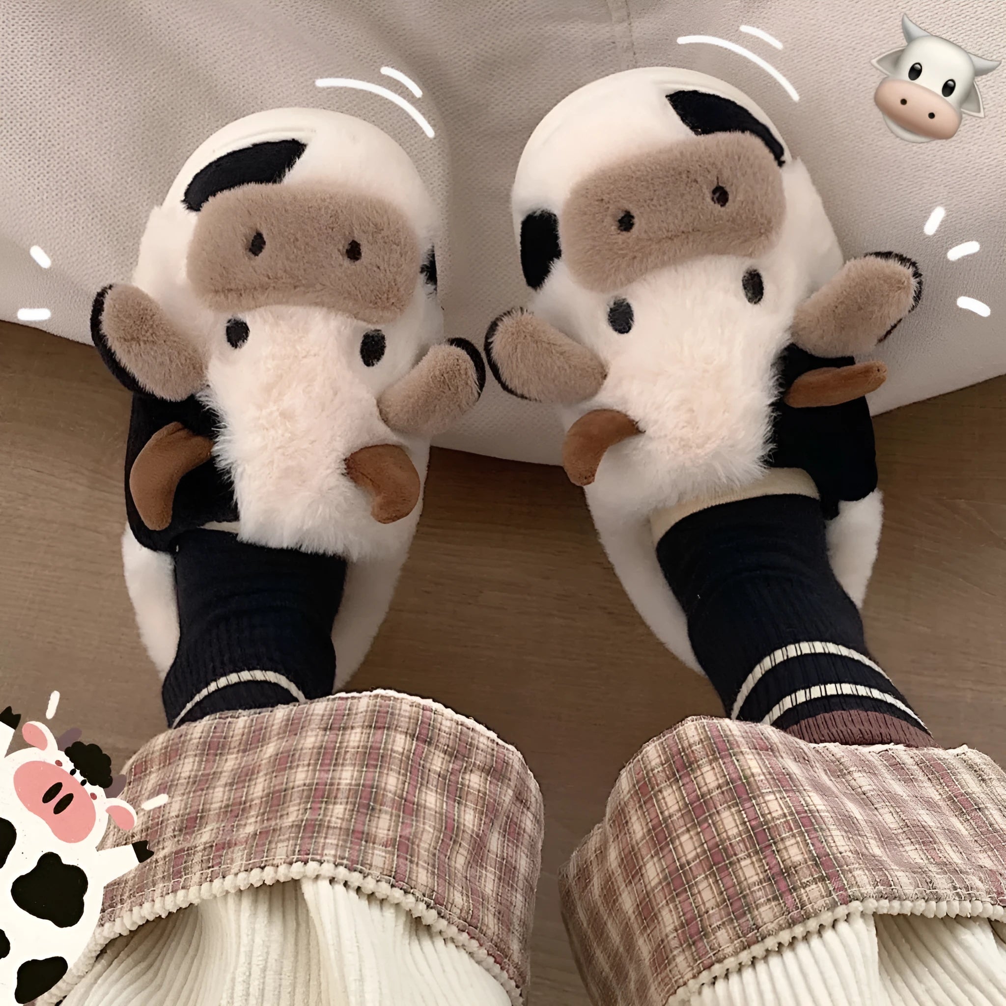 White cow pattern slippers with faux fur upper and textured non-slip soles